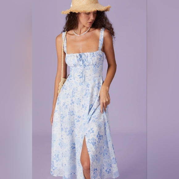 BNWT / RIHOAS/ Small / Medium/ blue square neck floral ruched midi dress - Picture 1 of 5